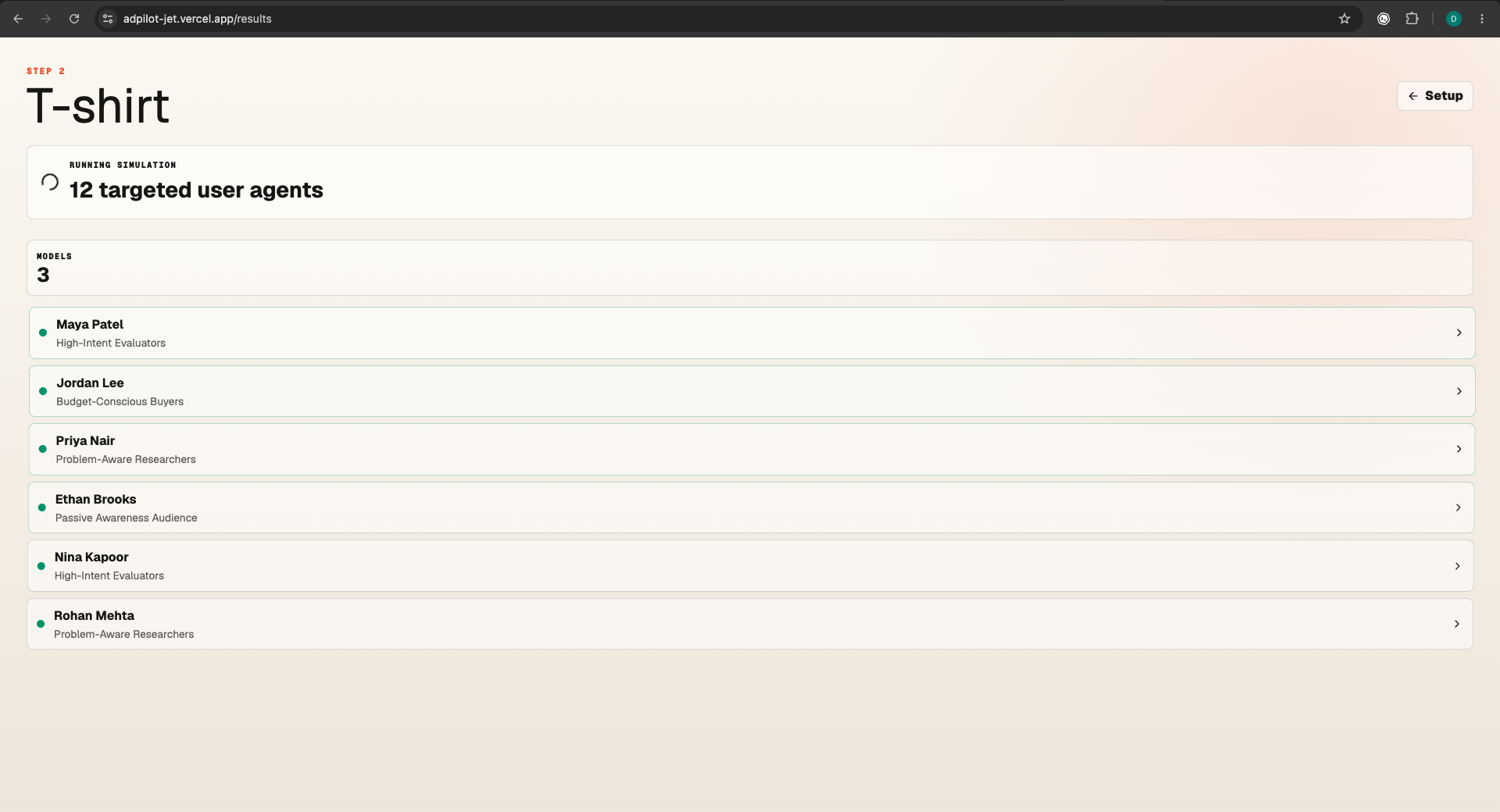 AdPilot running agent simulation screen