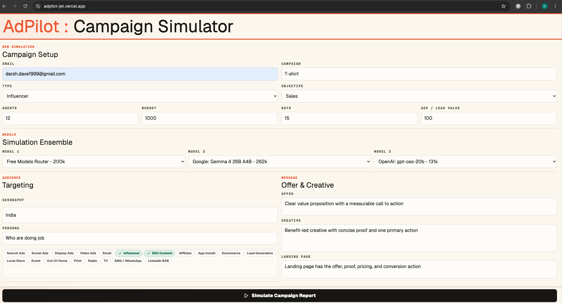 AdPilot campaign setup screen