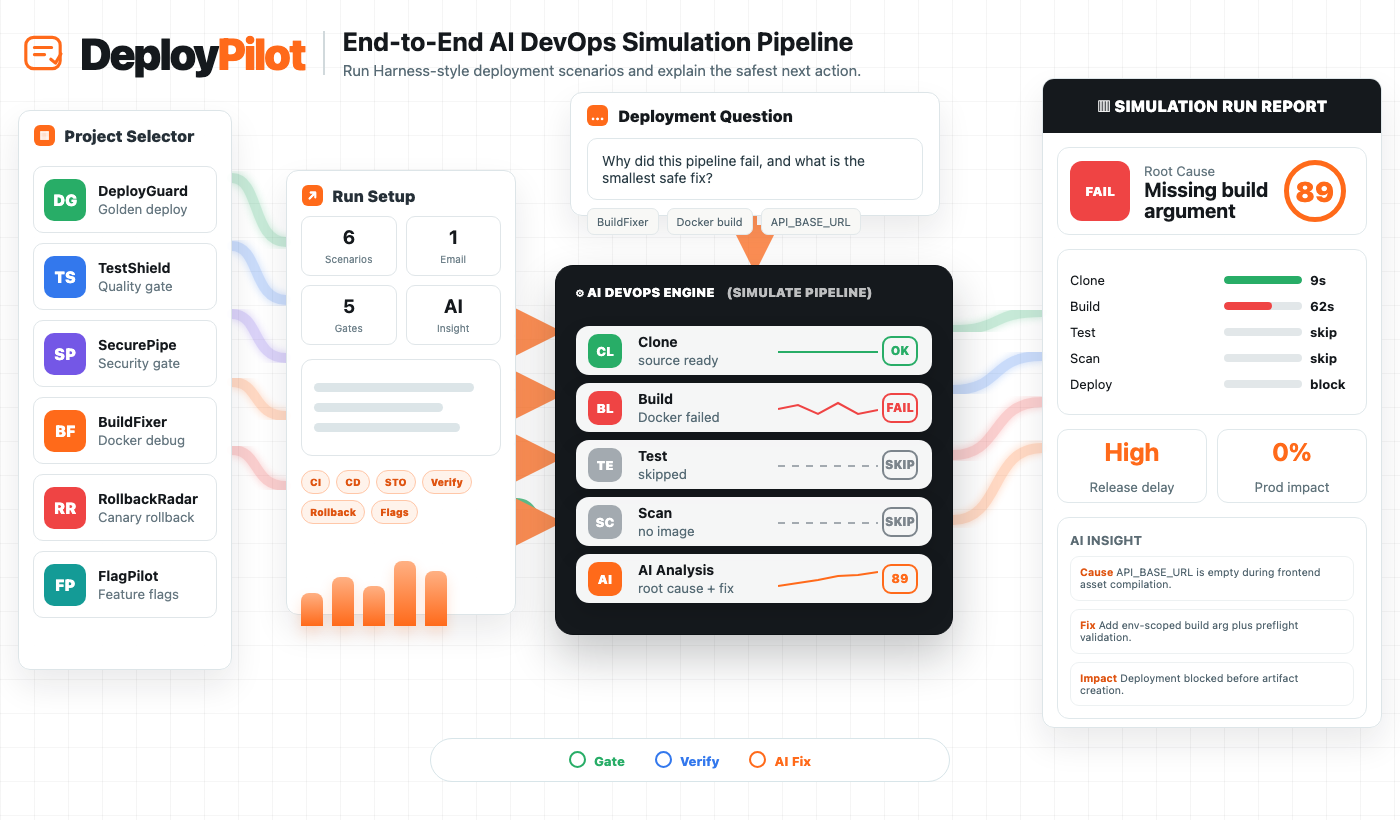 DeployPilot AI DevOps simulation pipeline diagram