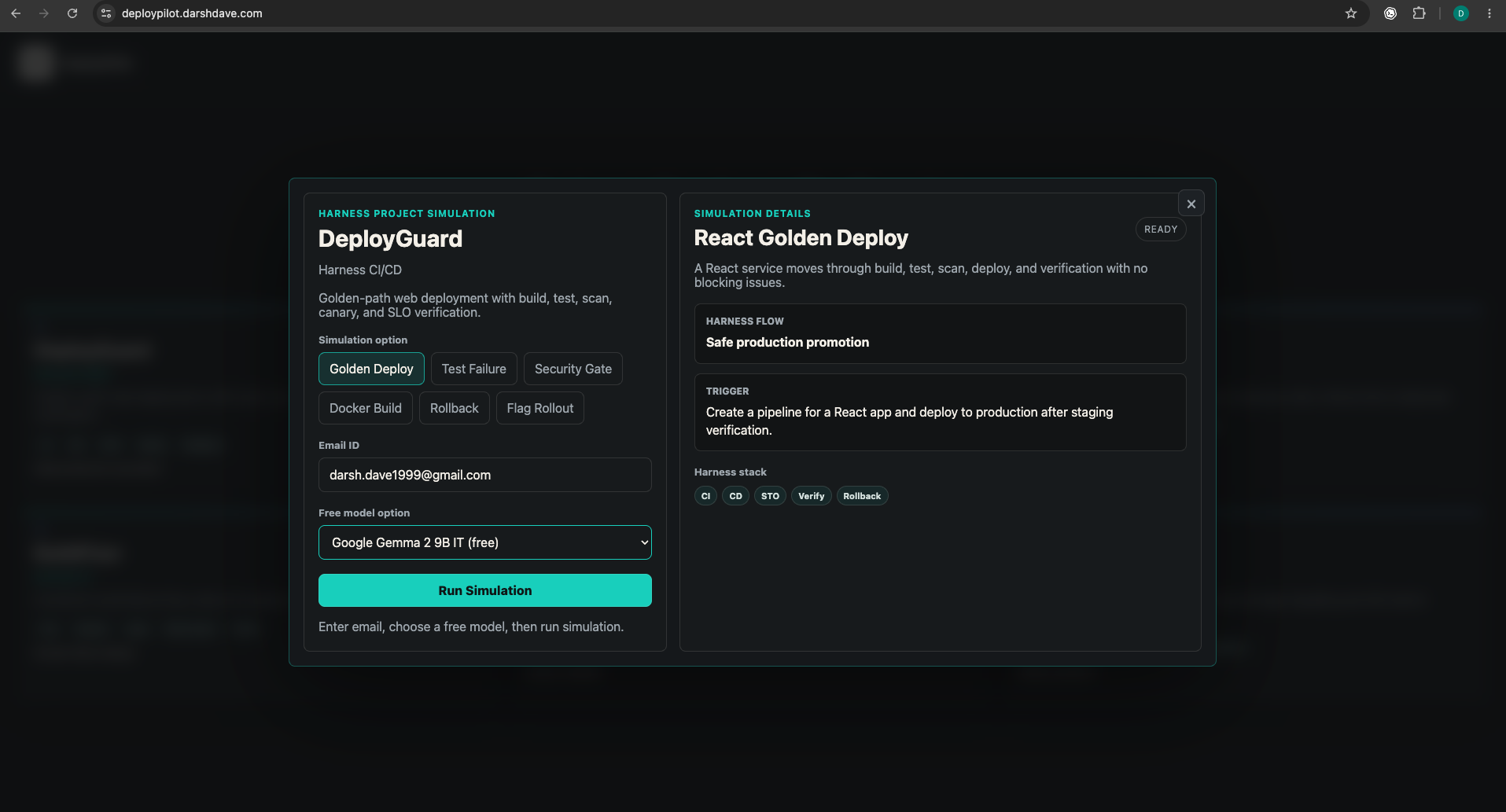 DeployPilot simulation setup popup
