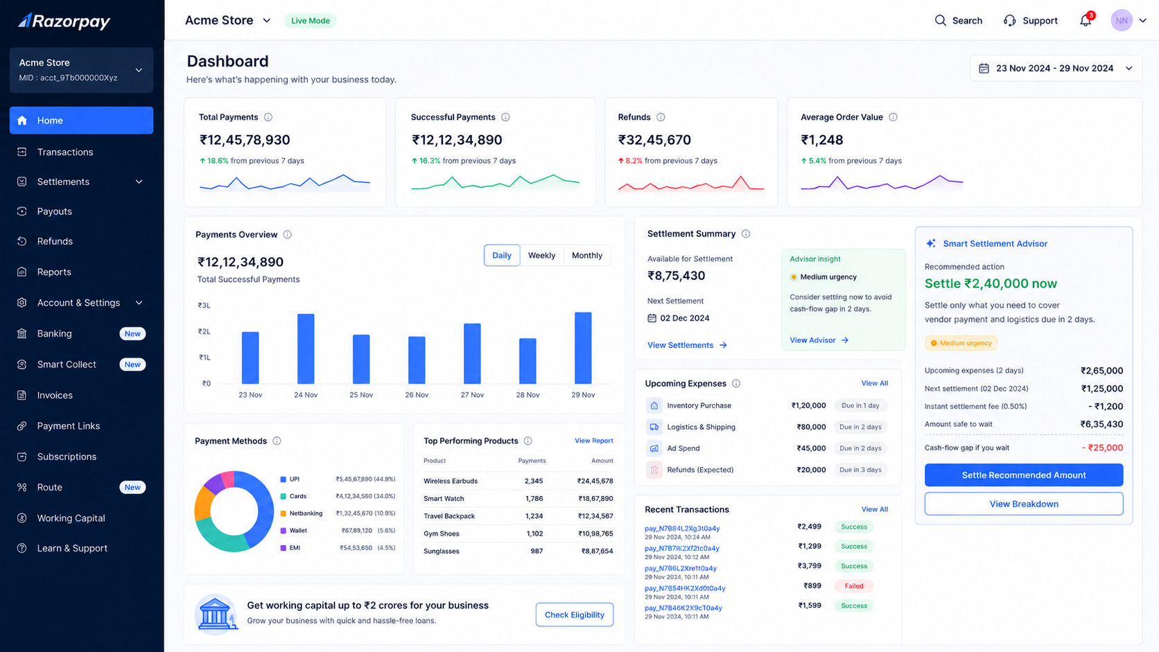 Razorpay dashboard with settlement advisor