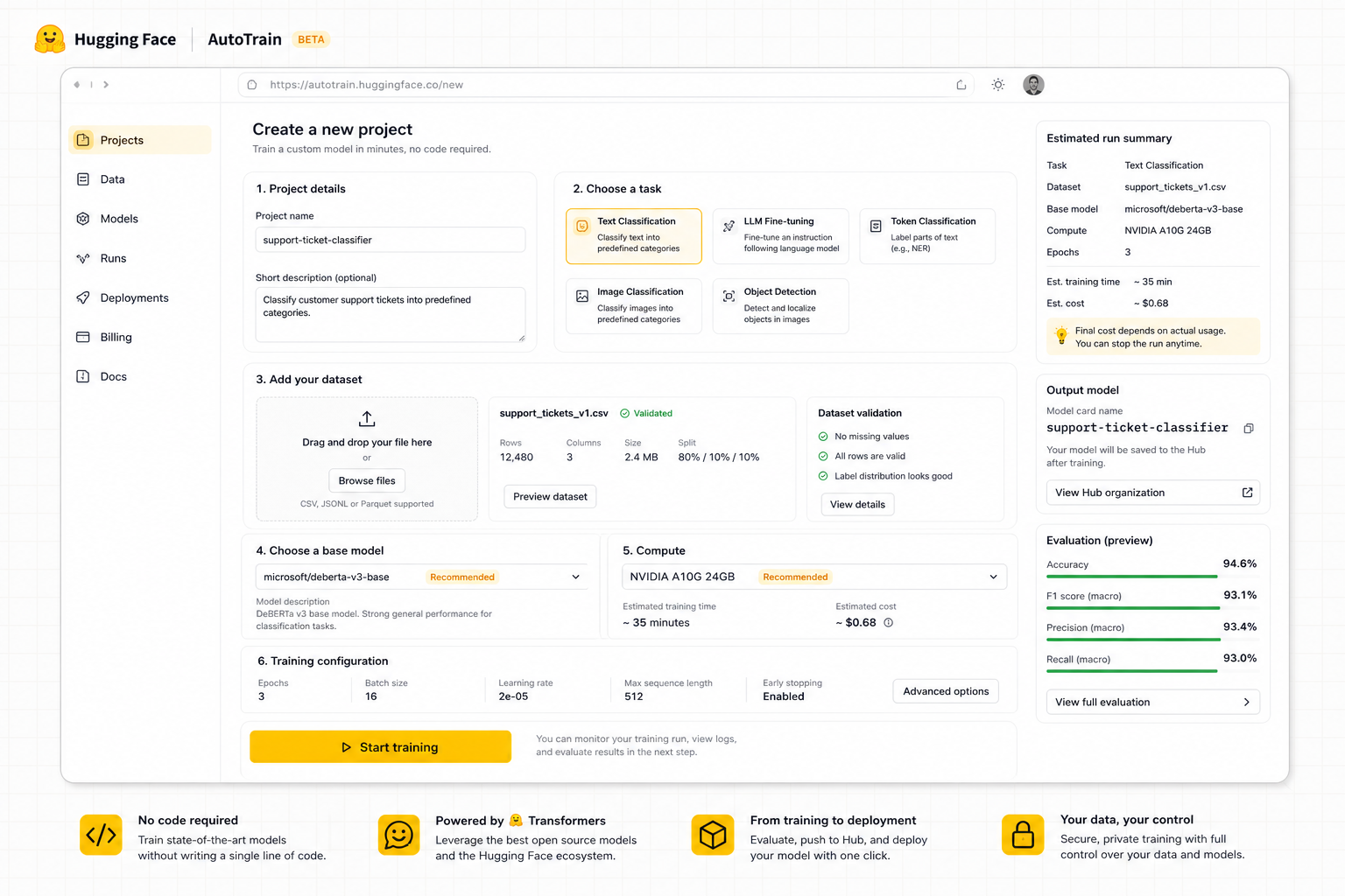 Hugging Face AutoTrain project setup functionality visual